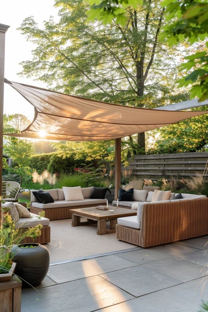 Modern outdoor patio with wicker furniture, sunshade, and lush greenery in a serene garden setting.