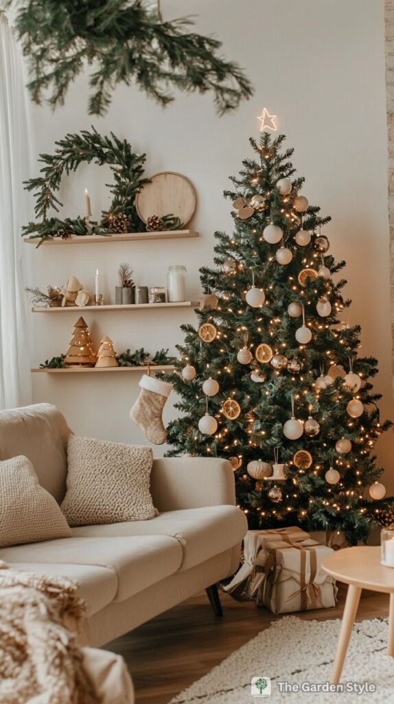 Cozy living room with decorated Christmas tree, festive lights, and gifts, creating a warm holiday atmosphere.