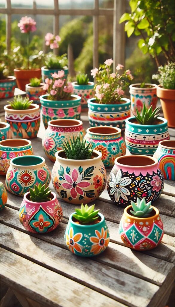 Colorful, hand-painted flower pots with succulents on a wooden table, surrounded by lush, green garden scenery.