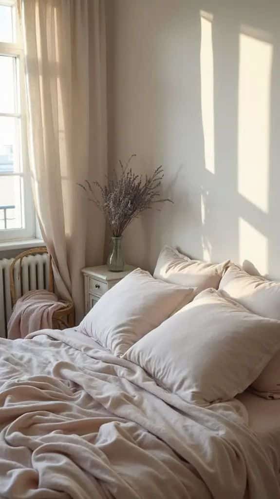 Cozy bedroom with beige pillows, soft sunlight, dried flowers in a vase, and sheer curtains by the window.