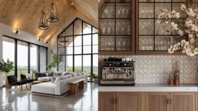 Modern living room and kitchen with high ceilings, large windows, and contemporary decor elements.