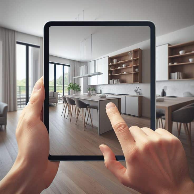 Transforming Real Estate With Augmented Reality_ A Glimpse Into Tomorrows Homes - Transforming Real Estate With Augmented Reality_ A Glimpse Into Tomorrows Homes Person using a tablet to view a modern kitchen interior with wooden flooring and stylish furniture. | Sky Rye Design Person using a tablet to view a modern kitchen interior with wooden flooring and stylish furniture.