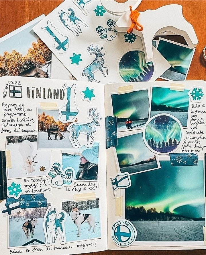 Travel scrapbook showcasing Finland adventures: Northern Lights, reindeer, snow landscapes, and dog sledding experiences.