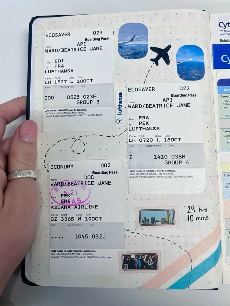 Travel journal page featuring airline boarding passes and plane illustrations.