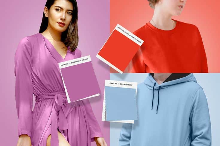 Fashion color trends featuring outfits in Pantone Spring Crocus, Cherry Tomato, and Airy Blue shades.
