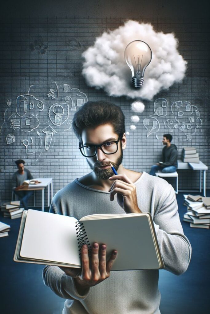 Man brainstorming with notepad and lightbulb in thought bubble, surrounded by books and sketches on wall.