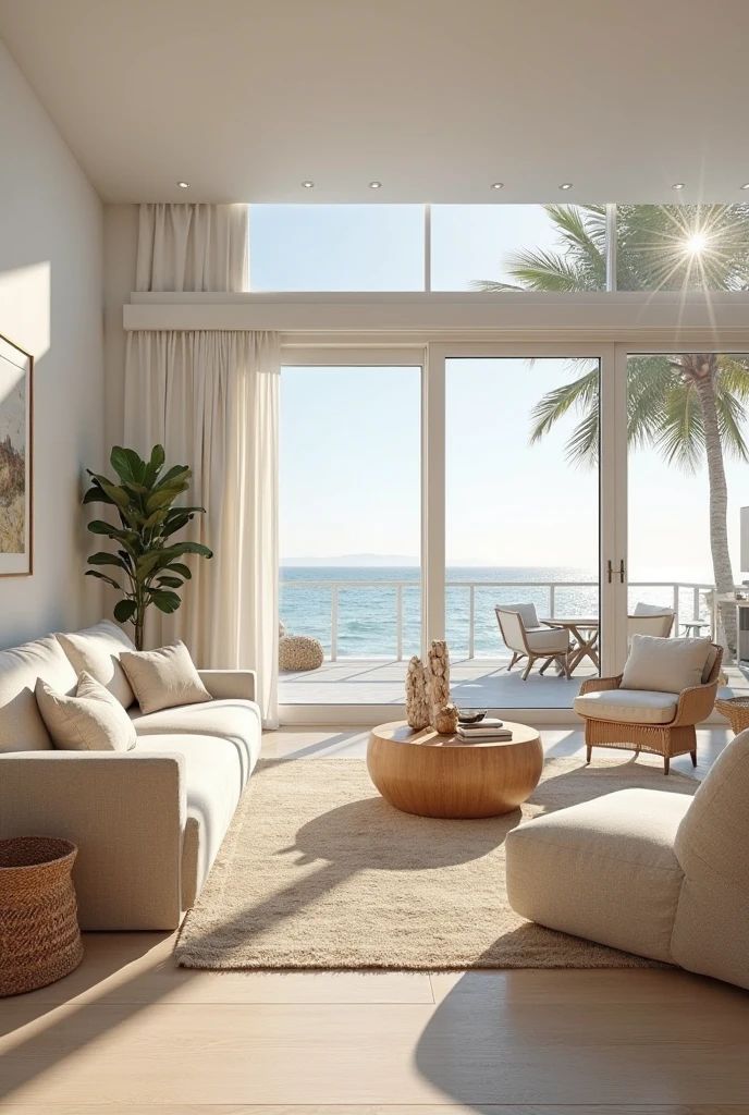Coastal living room with ocean view, light decor, large windows, potted plant, and wooden furniture.