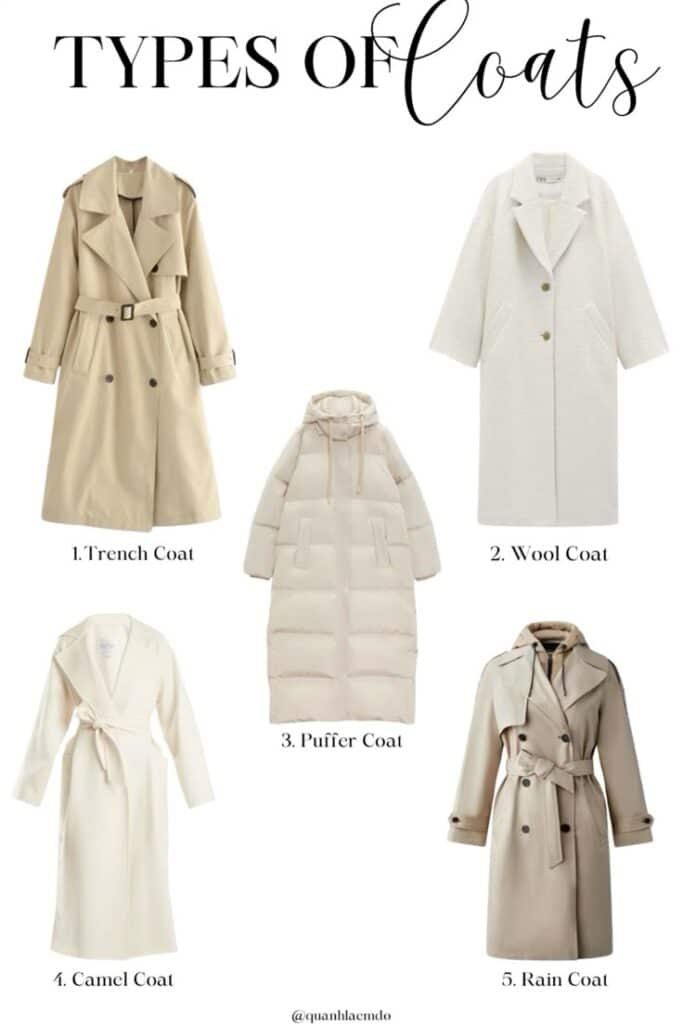 Types of Coats Every Women Should Own 1 Collection of coat styles: trench, wool, puffer, camel, and rain coats in neutral tones. | Sky Rye Design Collection of coat styles: trench, wool, puffer, camel, and rain coats in neutral tones.