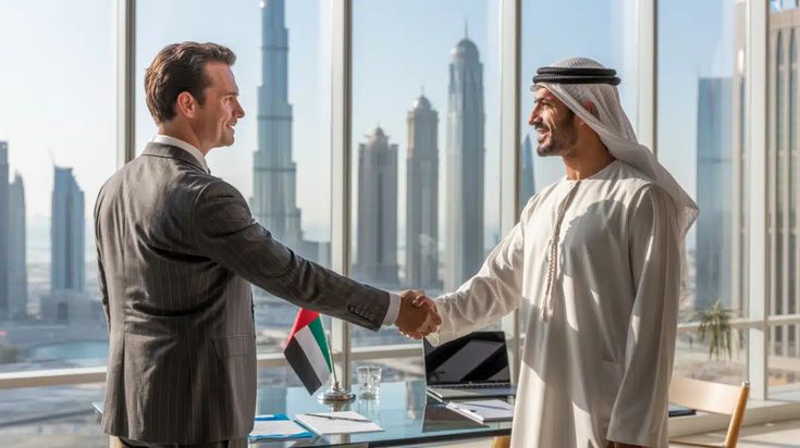 UAE Company Formation FAQs Business Setup Guide 2025 Two businessmen shaking hands in a Dubai office with city skyline view, promoting international business partnership. | Sky Rye Design Two businessmen shaking hands in a Dubai office with city skyline view, promoting international business partnership.