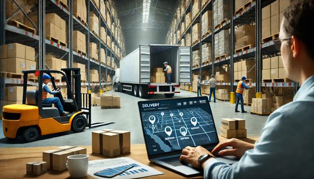Warehouse logistics with forklift, pallet loading, delivery tracking on laptop; efficient supply chain management.