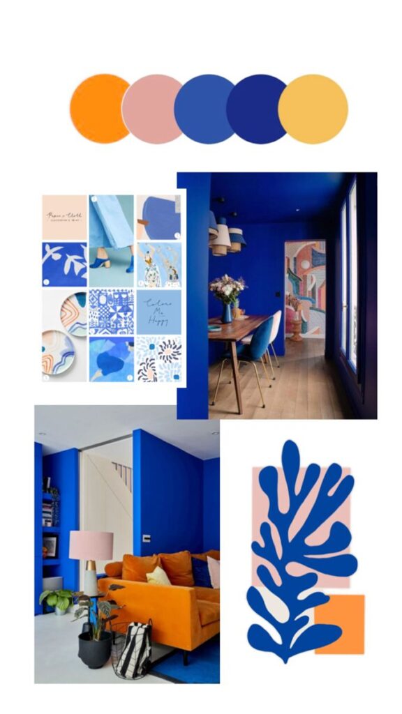Interior design collage featuring bold blue color scheme, modern decor, and complementary palettes.