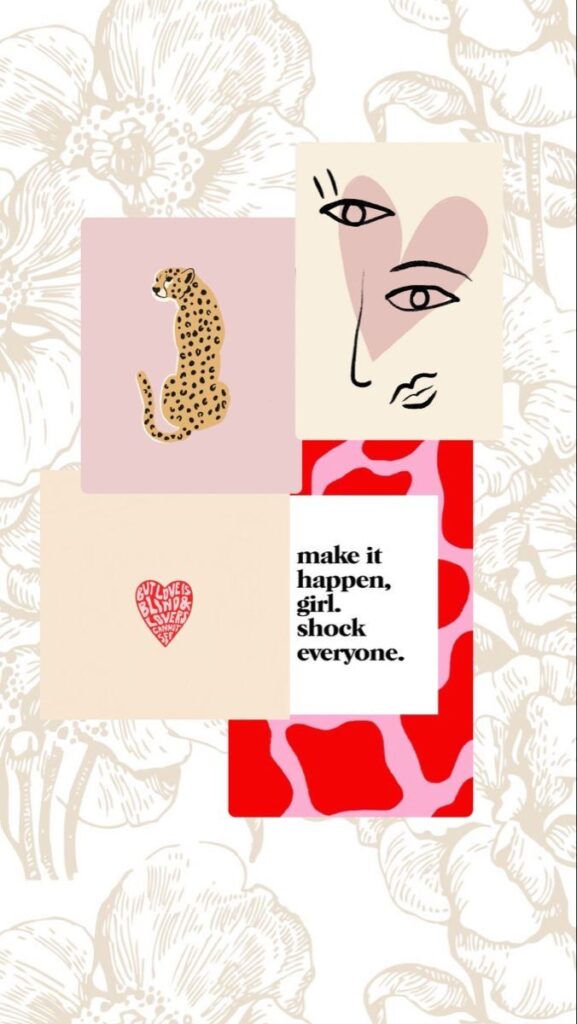 Abstract collage with cheetah, heart, face illustration, and empowering text on floral background.