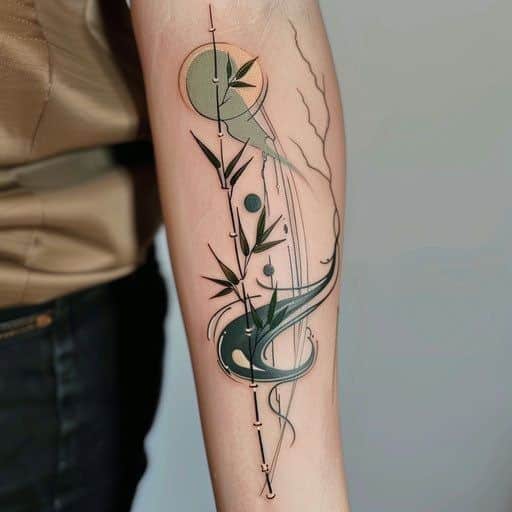 Unique feminine Forearm tattoo idea Abstract geometric tattoo with bamboo and celestial elements on a forearm, featuring circles and flowing lines. | Sky Rye Design Abstract geometric tattoo with bamboo and celestial elements on a forearm, featuring circles and flowing lines.