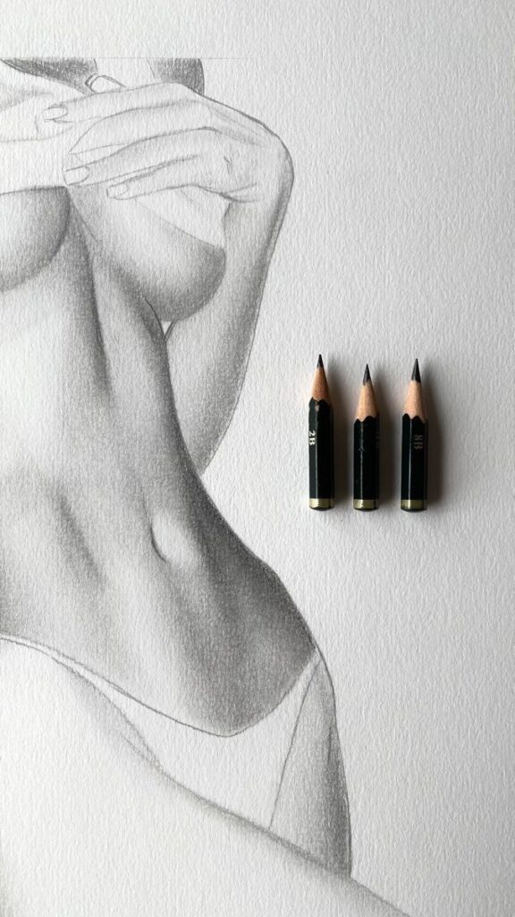 Detailed pencil drawing of a woman's torso with three sharpened pencils beside it on textured paper.