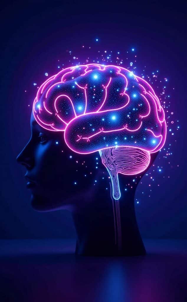 Neon glowing brain illustration on dark background, representing neural activity and futuristic technology.