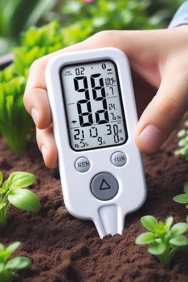Hand holding digital soil tester in garden, with plants in soil, measuring moisture and pH levels.