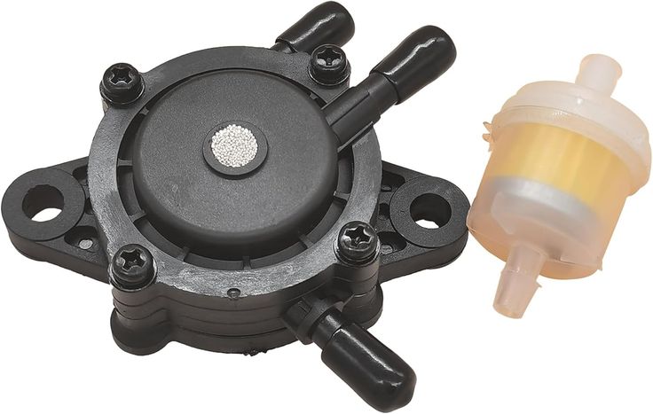 Black fuel pump and yellow fuel filter for small engines on a white background.