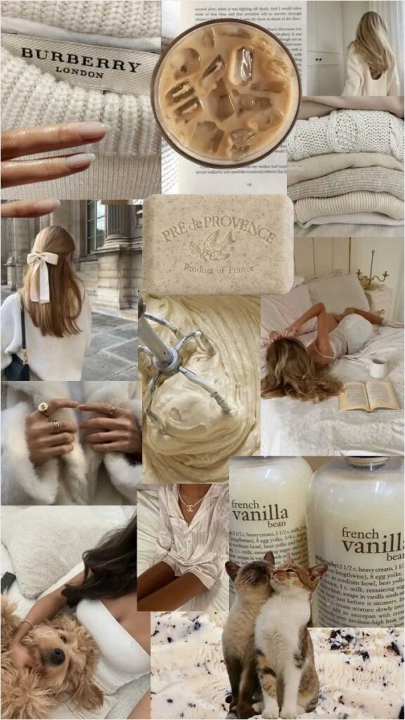 Collage of cozy lifestyle elements: coffee, books, fashion, creamy textures, pets, and scented items for a comforting vibe.