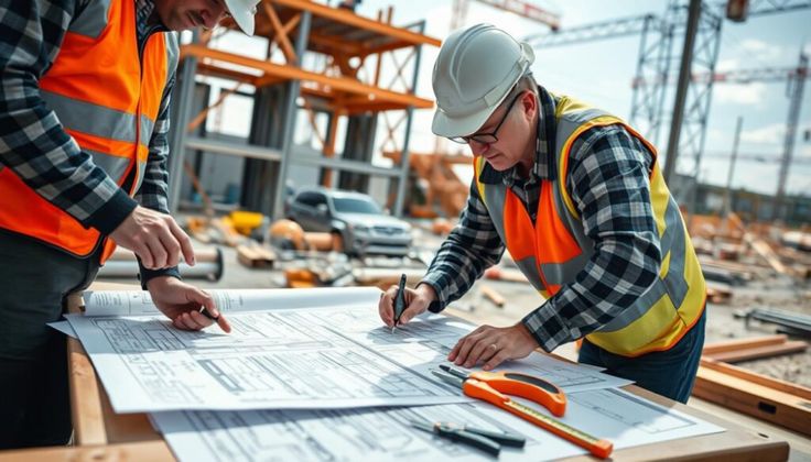 Construction workers reviewing blueprints on site, wearing safety gear and helmets, with building structures in the background.