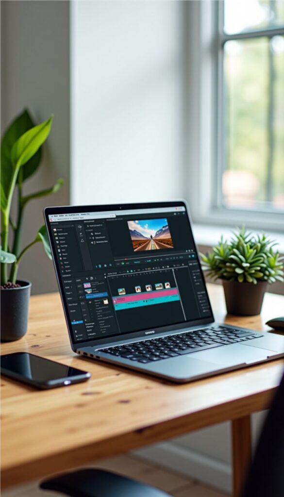 Open laptop with video editing software on desk near plants, window in the background.