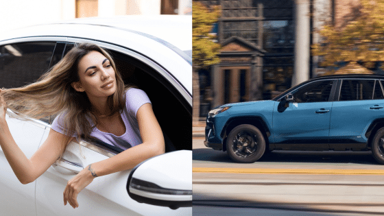 Woman in a car enjoying a breeze; blue SUV driving in an urban setting.