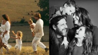 Family enjoying nature walk and sharing joyful moments together; outdoor and studio settings.