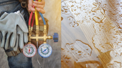 HVAC technician with gauge manifold and wet wooden floor, illustrating humidity and air conditioning issues.