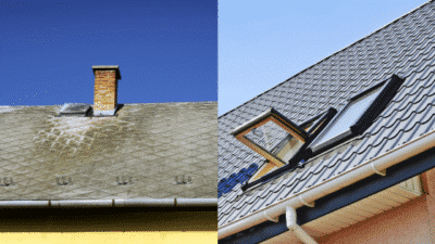 Old roof with chimney next to modern roof with skylight under blue sky.