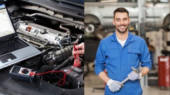 Mechanic holding a wrench beside car engine with diagnostic tools and laptop in auto repair shop.