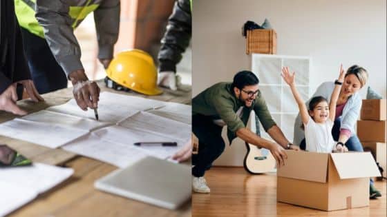 Viewing Deck Blog 1 Left: Construction planning with blueprints and hard hat. Right: Happy family playing with cardboard boxes in new home. | Sky Rye Design Left: Construction planning with blueprints and hard hat. Right: Happy family playing with cardboard boxes in new home.