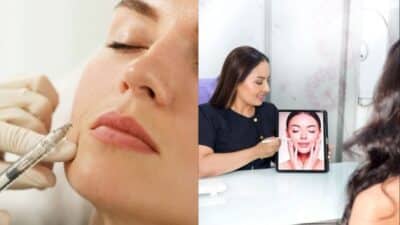 Woman receiving facial injection; consultation showing results on tablet in aesthetic clinic setting.