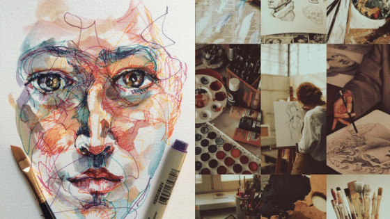 A colorful abstract face painting with art supplies alongside an artist sketching and painting in a studio setting.