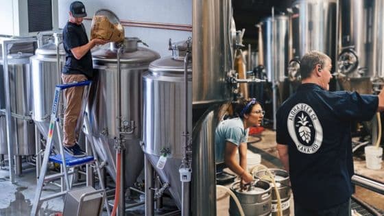Viewing Deck Blog Brewers working with stainless steel brewing tanks in a brewery setting with equipment and ingredients. | Sky Rye Design Brewers working with stainless steel brewing tanks in a brewery setting with equipment and ingredients.