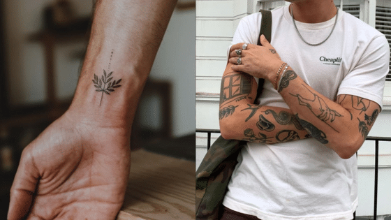Comparison of minimalist wrist tattoo and full-arm traditional tattoos, showcasing different tattoo styles.
