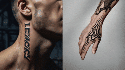 Close-up of a neck tattoo reading 'LEX + YC' and a hand with a unique black ink design.