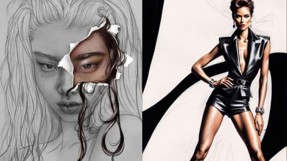 Artistic split: left shows a paper tearing face sketch, right features a stylish woman in a black outfit.