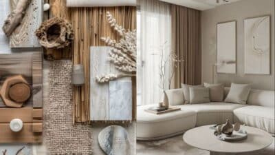 Neutral-toned interior design with natural textures and minimalist decor, featuring warm wood and soft fabrics.