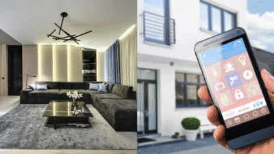 Modern living room with smart home automation on smartphone, illustrating connected home technology.