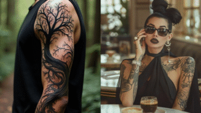 Tattooed arm with tree design and stylish woman with tattoos, sunglasses, and coffee in chic urban setting.