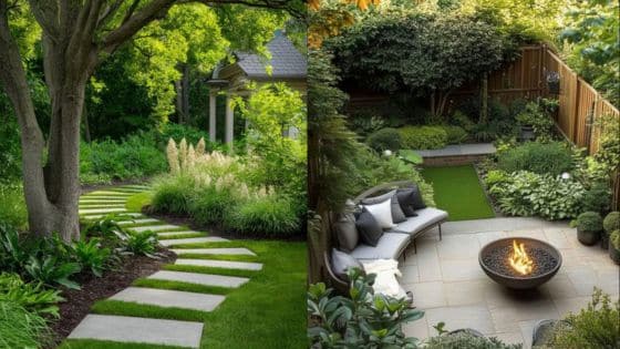 Viewing Deck Blog Beautiful garden with stone path, lush greenery, cozy seating, and a fire pit for outdoor relaxation and entertainment. | Sky Rye Design Beautiful garden with stone path, lush greenery, cozy seating, and a fire pit for outdoor relaxation and entertainment.