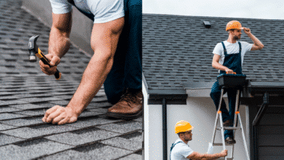 Roofers repairing shingles with tools, ladder, and hard hats, emphasizing safety and precision in home maintenance.