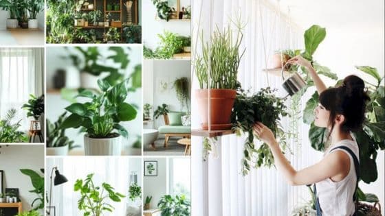 Woman watering indoor plants in a bright room with a variety of greenery and natural light.