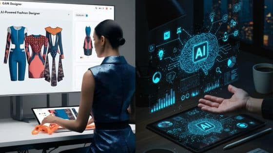 AI-powered fashion design on screen and futuristic AI interface with digital elements in a creative workspace.