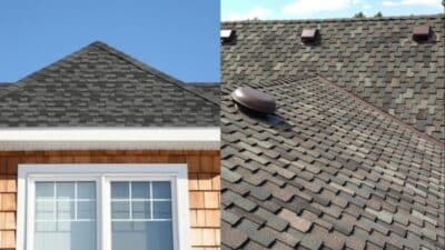 Comparison of dark gray asphalt shingle roofs on houses, showcasing texture and installation details.