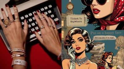 Vintage style: woman with typewriter and pop art illustration with retro glam and stylish accessories.
