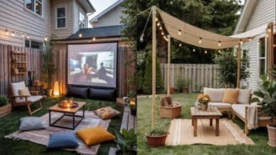 Cozy backyard setup with outdoor movie screen, seating area, pillows, string lights, and a shade canopy on a grassy lawn.