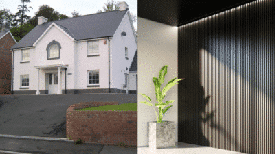 White house facade with driveway and landscaped front yard; modern interior with potted plant and dark panel wall.