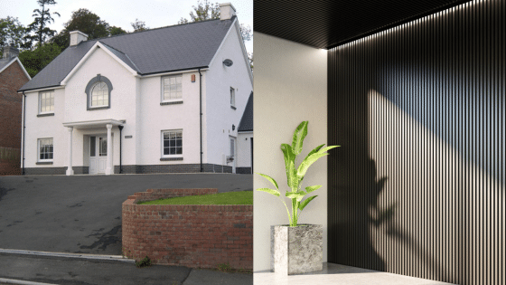 Viewing Deck Blog 2 White house facade with driveway and landscaped front yard; modern interior with potted plant and dark panel wall. | Sky Rye Design White house facade with driveway and landscaped front yard; modern interior with potted plant and dark panel wall.