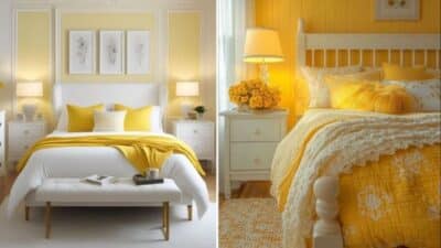Two cozy bedrooms with white and yellow decor, featuring plush bedding, elegant lamps, and framed wall art.