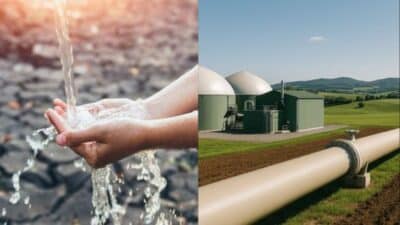 Hands catching water beside a biogas plant and pipeline in a green field, symbolizing sustainability and renewable energy.